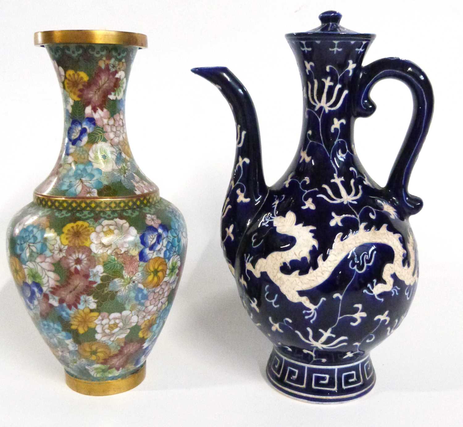 A Cloisonne vase with floral decoration together with a continental earthen ware ewer and cover, the - Image 3 of 6