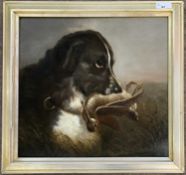 British School, 20th century, Dog with a snipe, oil on board, unsigned,35x37cm, framed.