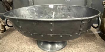 Oval iron pedestal bowl or planter with ringlet handles and studded detail, 52cm wide