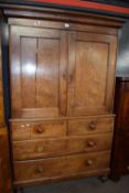 Victorian oak linen press cupboard with top section with two panelled doors and three interior