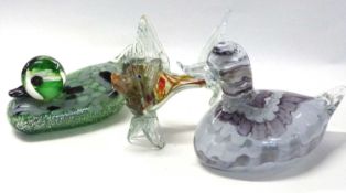 Two Murano style models of ducks and a further Murano type model of a fish, duck 23cm long