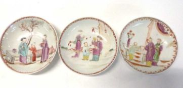 Three Lowestoft porcelain saucers with polychrome Chinoiserie decoration of figures
