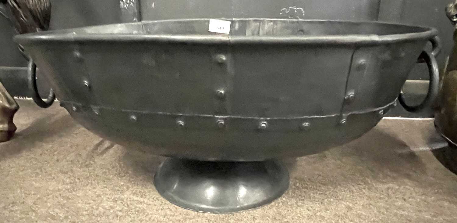 Oval iron pedestal bowl or planter with ringlet handles and studded detail, 52cm wide - Image 2 of 3