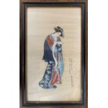Japanese, circa 19th century, lady in Kimono dress reading a scroll, gouache on silk, 28x49cm,