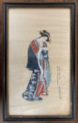 Japanese, circa 19th century, lady in Kimono dress reading a scroll, gouache on silk, 28x49cm,
