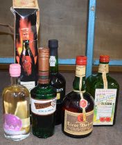 Six assorted bottles of spirits and liqueurs to include Tooleys 24ct pink gin snow globe,