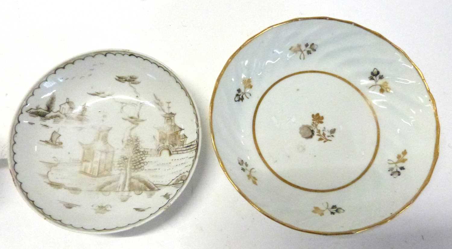 A Lowestoft porcelain cup and saucer with sepia and gilt decoration together with a spiral gilt - Image 2 of 4