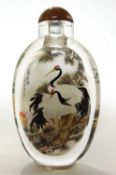 20th Century Chinese scent bottle, painted with cranes amongst foliage, the reverse with doves