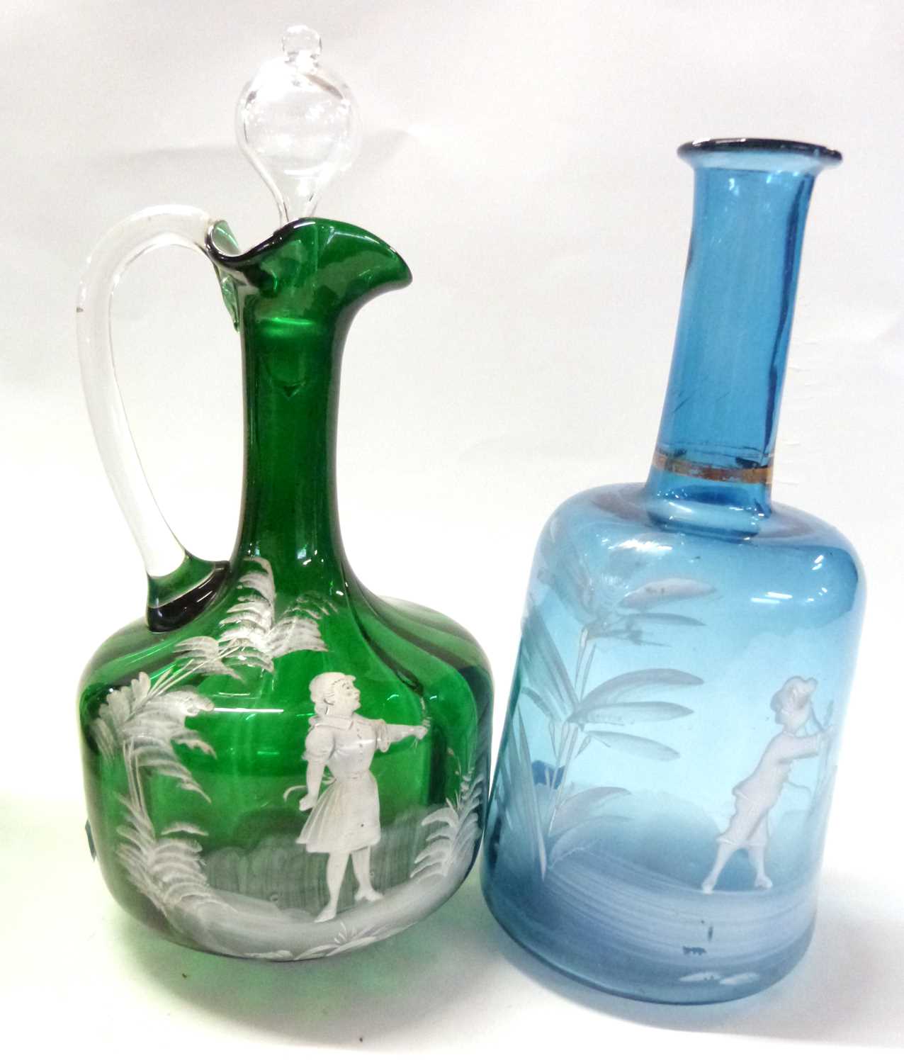 A group of glass wares with Mary Gregory type painted decoration of children including two green - Image 3 of 4