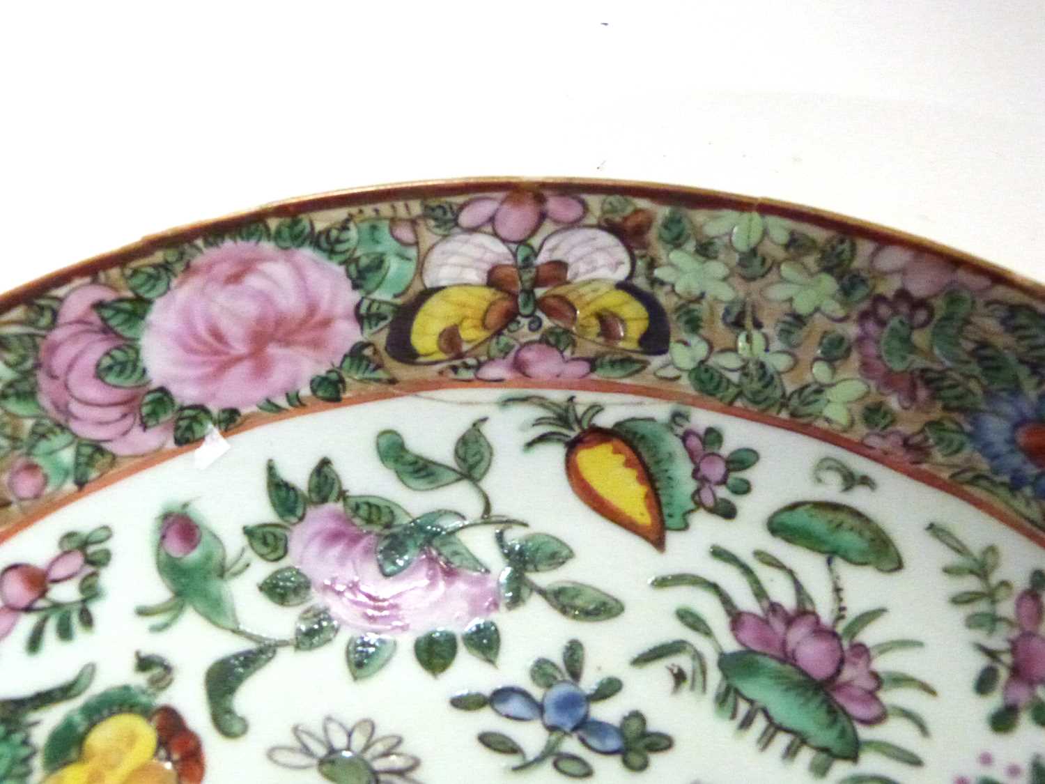 Cantonese porcelain dish with polychrome decoration of flowers and butterflies and birds amongst - Image 6 of 6