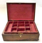 19th Century rosewood veneered jewellery box of hinged rectangular form with central pull out tray