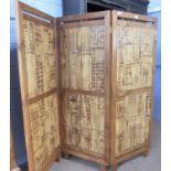 20th Century teak framed and bamboo mounted bi-fold dressing screen, each section 60 x 161cm