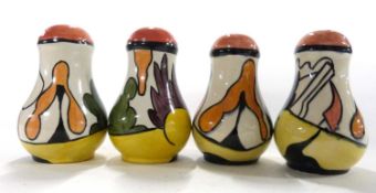 Two salt and pepper by Lorna Bailey, decorated in Clarice Cliff style