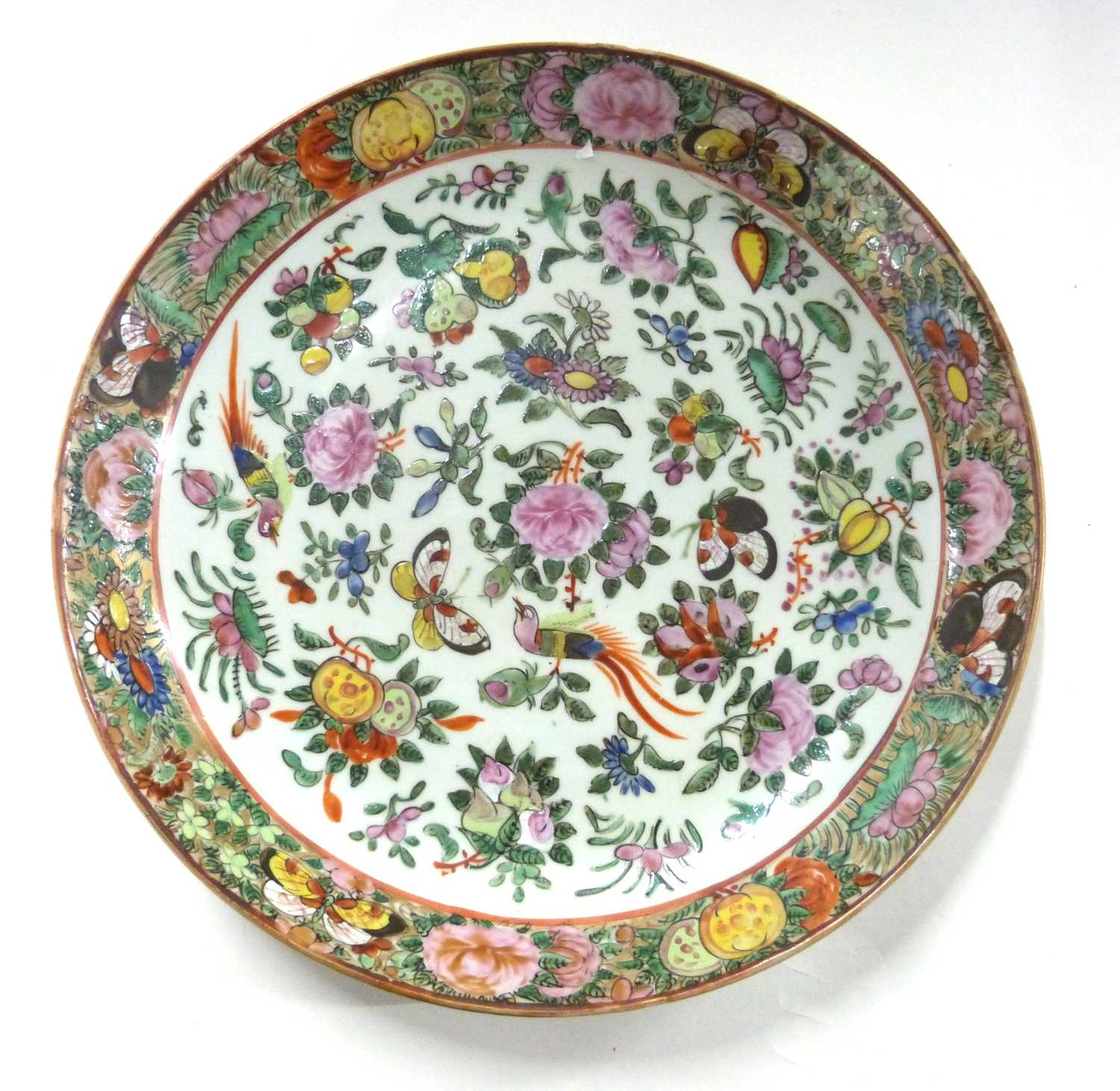 Cantonese porcelain dish with polychrome decoration of flowers and butterflies and birds amongst - Image 2 of 6