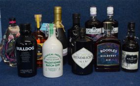 Eleven bottles of gin to include Tarquins, Brockmans, Boodles, Hendricks, Gordons Sloe gin and