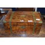 Victorian walnut and brass bound writing box of hinged rectangular form with fitted interior, 40cm