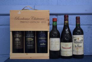 Six bottles of wine to include a cased set of Bordeaux: Chateu Pied D'Argent Bellevue, Chateau de