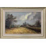 H.F. Burton (British, 20th century), landscape with a distant cottage, oil on canvas, 39x65cm,