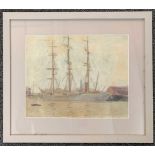 In the manner of Gerald Akermann (British,1876-1960), Tall mast ship in harbour, watercolour,