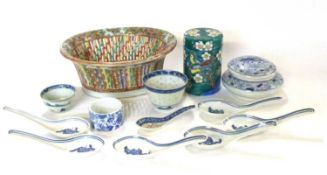 Group of Oriental ceramics including a Cantonese porcelain pierced basket with polychrome