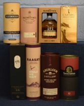 Eight bottles of whisky to include Aberlour, Cardhu, Clydebuilt, Bunnahabhain, Raasay, Glenrothes