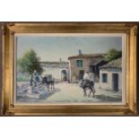 Continental School, circa 20th century, Greek village scene depicting residents and donkeys at work,