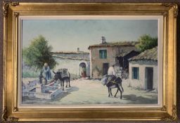 Continental School, circa 20th century, Greek village scene depicting residents and donkeys at work,