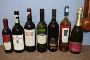 Six mixed bottles, Beau Village Medoc, Riesling dry, Golden Grape Estate Shiraz, Eastwood Shiraz,