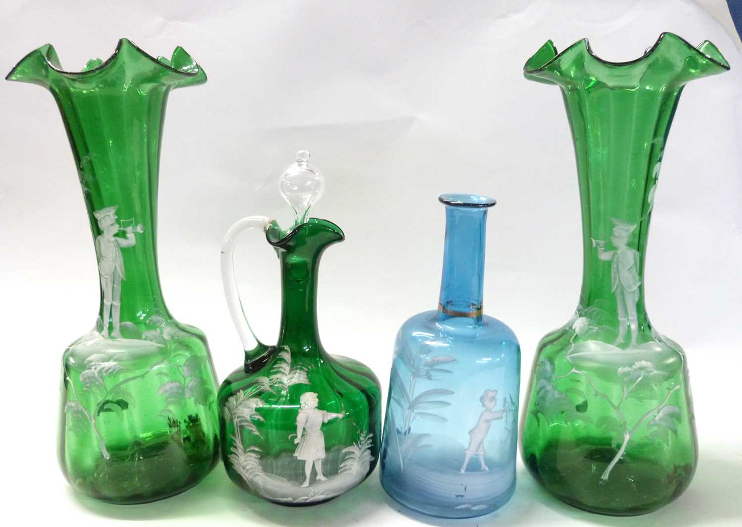 A group of glass wares with Mary Gregory type painted decoration of children including two green - Image 2 of 4