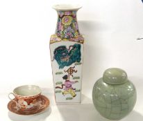 Chinese porcelain vase of faceted form together with a Chinese crackle ware jar and cover and a