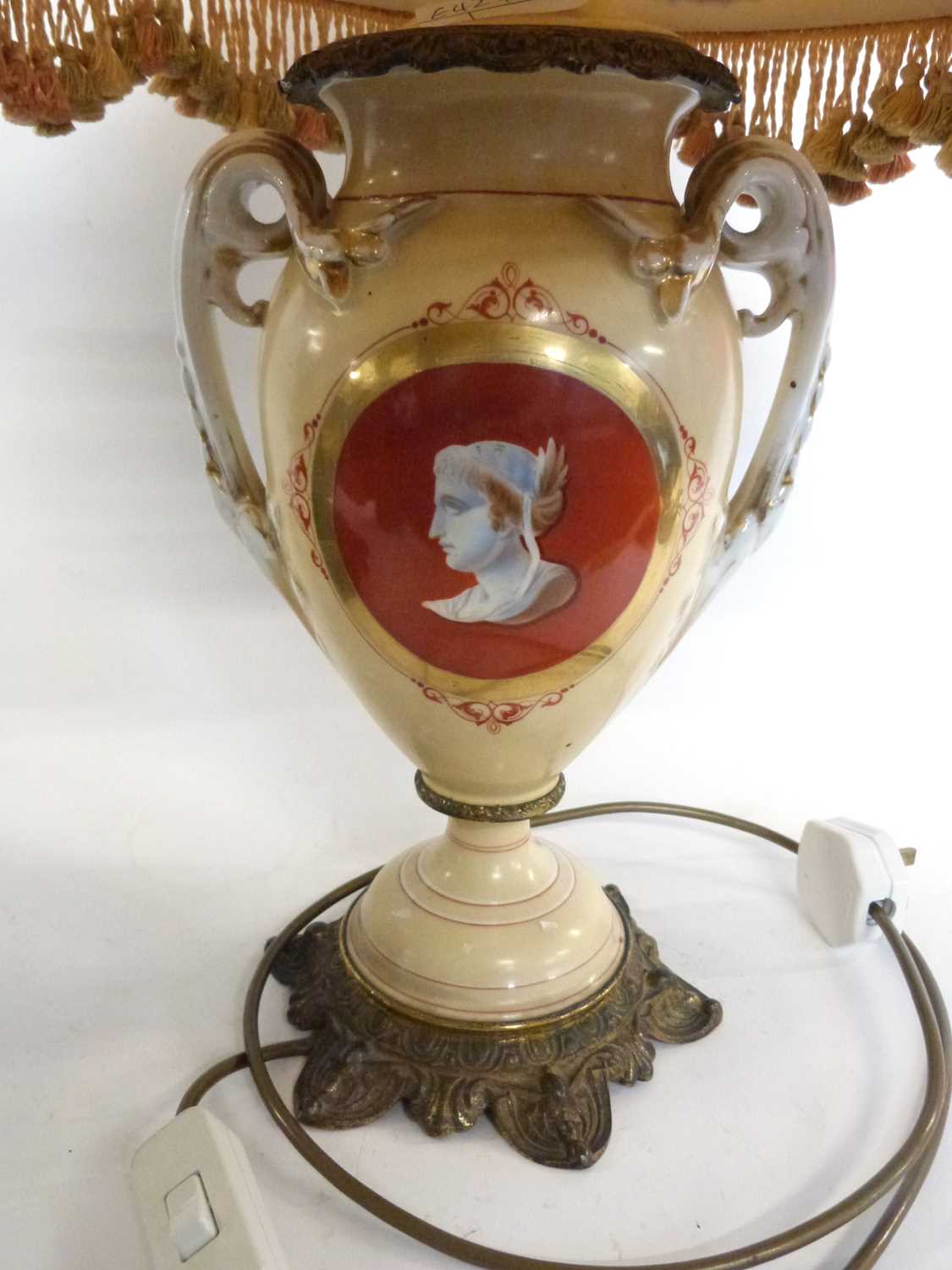 Further table lamp, mounted on gilt base with classical bust to the centre on pale yellow ground - Image 2 of 2