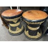 Pair of mid Century cane work and leather topped stools of circular form, 40cm high