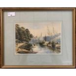 British School, circa 19th century, a riverbank view of figures at leisure in rowing boats with a