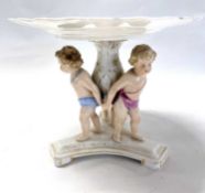 Continental porcelain stand or tazza, the stand modelled with three cherubs on shaped base, 23cm