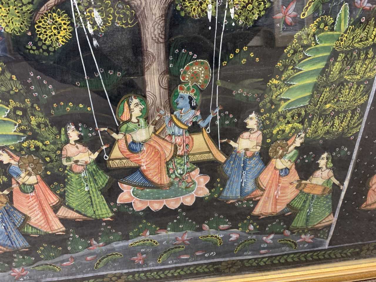 Indian pichhavai gouache on silk depicting, predominantly, scenes of Krishna with female Gopis - Image 3 of 6