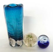 An Art Glass vase together with two glass paperweights