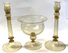 Large glass vase together with two glass candelabra with gilt detail on circular bases