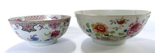 Two 18th Century Chinese export porcelain bowls both with Famille Rose decoration (both a/f)