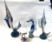A group of Murano style fish and seahorse together with a small Venetian style vase all with