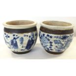 Pair of Chinese porcelain jardinieres both with crackle ware designs in blue and white with