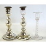 Glass candlestick with opaque twist stem, together with two further glass candlesticks, silver