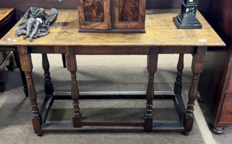 Rectangular oak hall table, the base constructed from an 18th Century gate leg table frame, 116cm