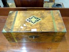 19th century walnut veneered and brass bound writing box, 50cm wide