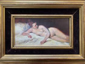 English school, early 20th century, Female nude study, oil on board, 9x19cm, gilt framed.