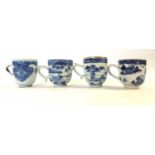 Group of four 18th Century Chinese porcelain cups all with various blue and white designs good