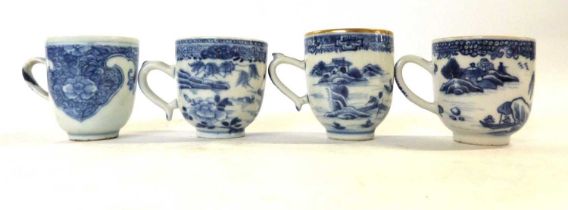 Group of four 18th Century Chinese porcelain cups all with various blue and white designs good