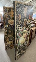 Early 20th century decoupage three-fold dressing screen decorated with various figures, birds,