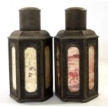Two Chinese metal tea cannisters and covers with shaped panels of painted designs of Chinese