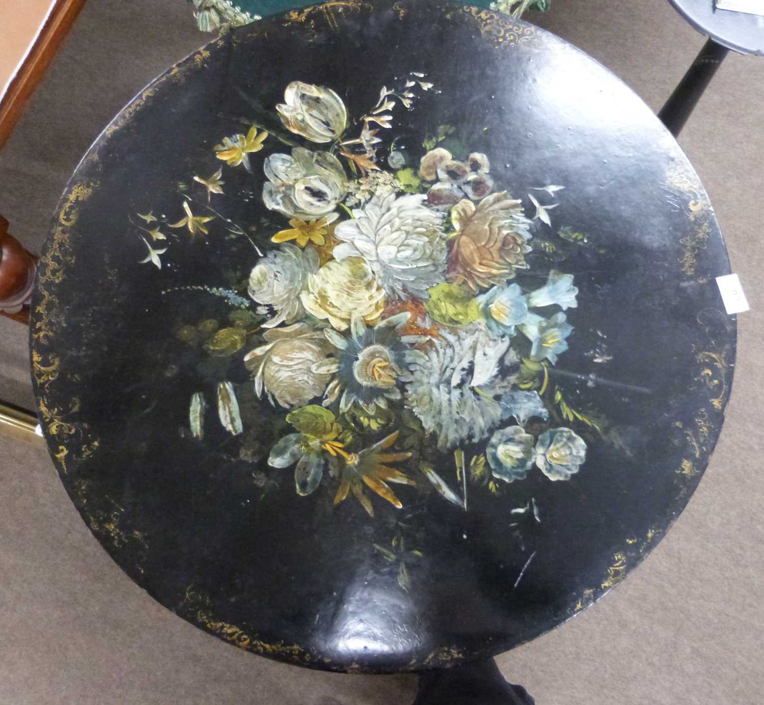 Victorian black lacquer centre table with circular top painted with a spray of flowers, raised on - Image 2 of 5