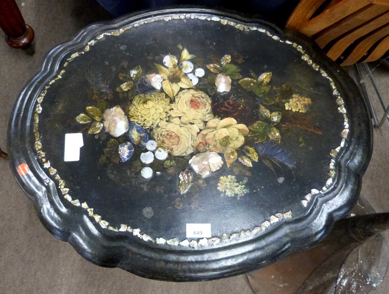 Victorian black lacquered occasional table, the top painted with a spray of flowers and decorated - Image 2 of 3